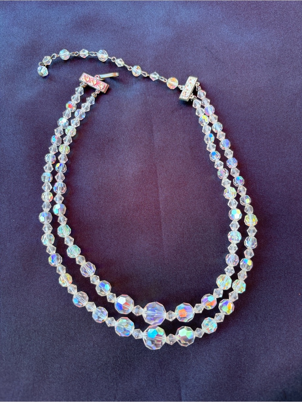 Vintage Aurora Borealis Crystal Faceted Double-Strand Necklace Chocker - Picture 4 of 4